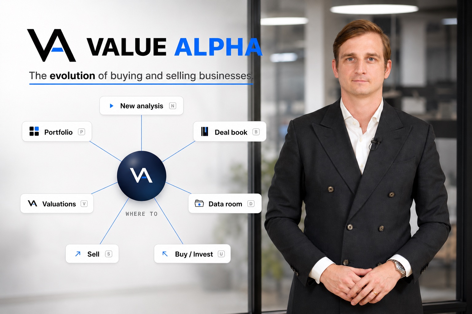 Tomasz Felpel, founder of Value Alpha, standing in an office beside the Value Alpha logo and the line "The evolution of buying and selling businesses." Under it, a diagram labelled "Where to" links the VA mark to seven parts of the product: New analysis, Deal book, Data room, Buy / Invest, Sell, Valuations and Portfolio.