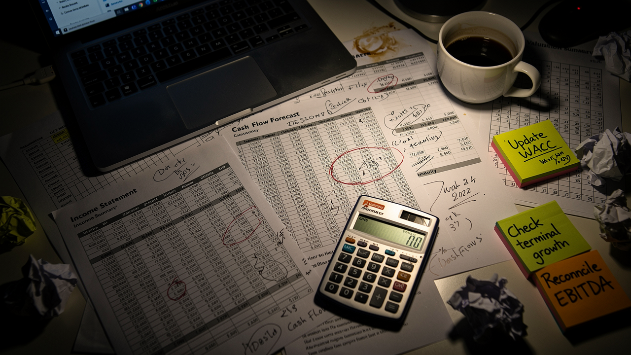 A desk covered in spreadsheets, sticky notes, calculator, scribbled corrections
