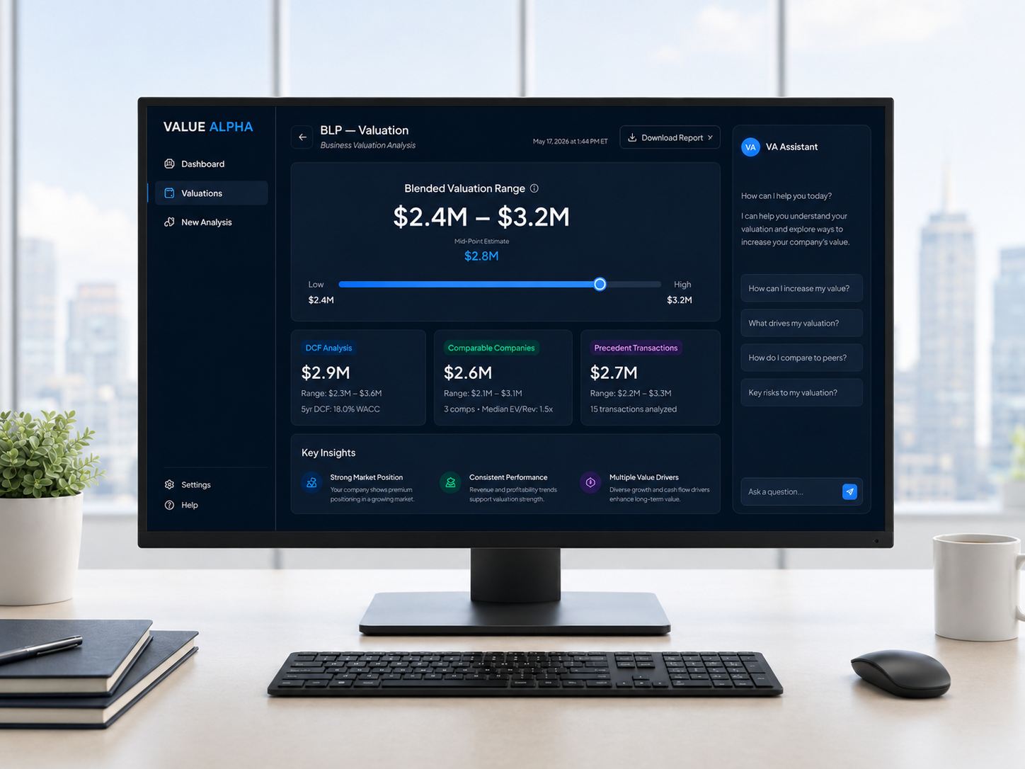 Value Alpha terminal in a daylight workspace — same blended valuation