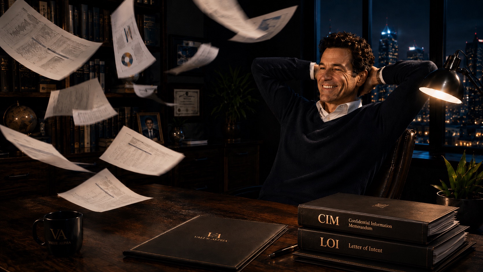 A business owner at ease at night after a successful, well-valued sale