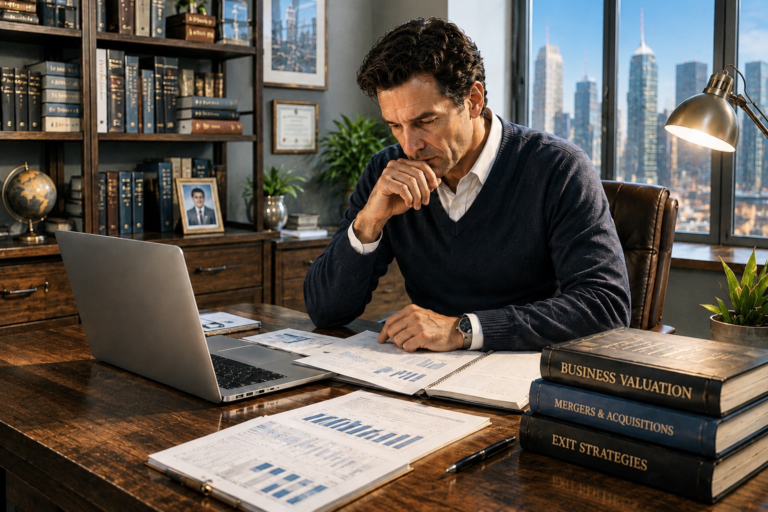 A business owner studying valuation reports in a city-view office by day