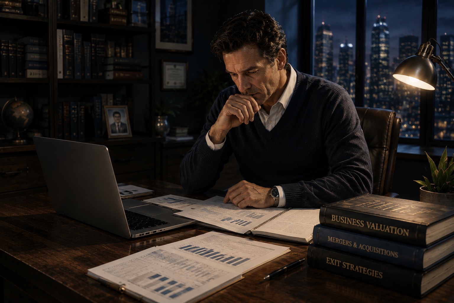 A business owner studying valuation reports in a city-view office at night